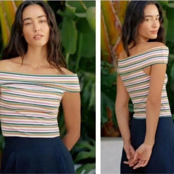 NWT Maeve Anthropologie Off-The-Shoulder Shirt Blouse Top Striped Printed Size M - Picture 3 of 7